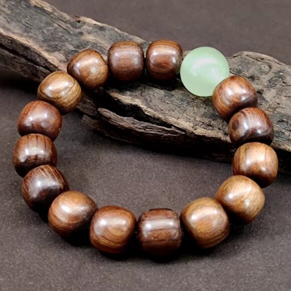 TIBETAN PRAYER BEADS BRACELET-Glow in Dark Jadeite Bead-Buddhist Mala-Ebony Wood - Picture 1 of 3